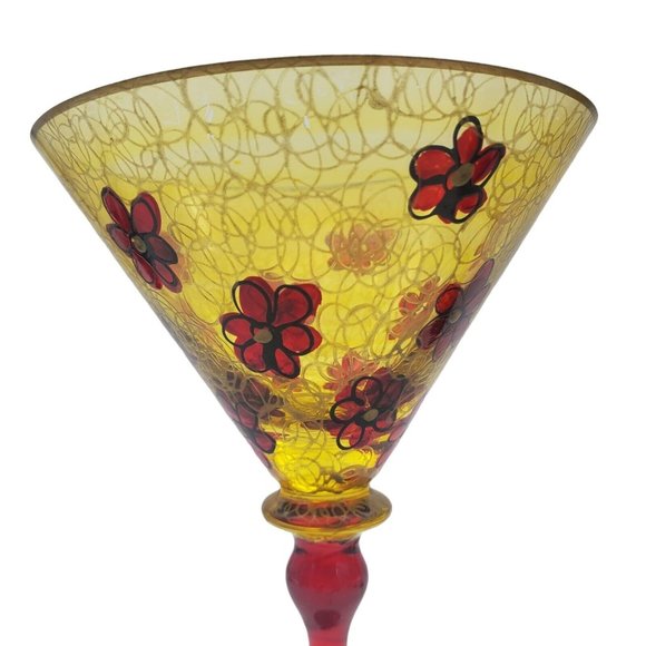 Set 2 Royal Danube Hand Painted Martini Crystal Glasses Romania Gold Red Flowers - Picture 2 of 9